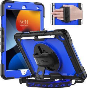 iPad 9th/ 8th/ 7th Generation Case (iPad 10.2 Case, iPad 9/8/ 7 Gen Case): with Strong Protection, Screen Protector, Hand Strap, Shoulder Strap, Rotating Stand, Pencil Holder - Dark Blue