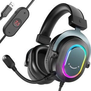 Gaming Headset for PC-Wired Headphones with Microphone-7.1 Surround Sound Computer USB Headset for Laptop, Streaming Headphones on PS4/PS5, with EQ Mode, RGB, Soft Ear Pads - AmpliGame H6