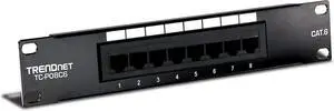 TRENDnet 8-Port Cat6 Unshielded Patch Panel, TC-P08C6, Rackmount, 10 Inch Wide, 8 x Gigabit RJ-45 Ethernet Ports, Pre-Numbered Ports, 250 Mhz Connection, Color Coded Labeling,