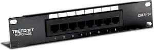 TRENDnet 8 Port Cat5/5e Unshielded Patch Panel,TC-P08C5E,Wallmount or Rackmount,10 Inch Wide, 8 x Gigabit RJ-45 Ethernet Ports,100 Mhz Connection, Color Coded Labeling,110 IDC Terminal Blocks,Black