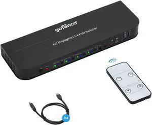 gofanco 4 Port DisplayPort KVM Switch with USB 3.0  DisplayPort 1.4, 4K @60Hz 4:4:4, HDR, HDCP 2.2/1.4, USB Keyboard/Mouse, USB 3.0 Hub, MIC in, Stereo Out, IR Remote, Hotkeys (KVMDP-4P)