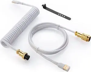 GUNMJO Starlight Coiled USB C Keyboard Cable for Gaming Keyboard, Double-Sleeved Mechanical Keyboard Cable with Detachable Metal Aviator, 1.5M USB-C to USB-A, White Color with Gold Aviator Connector