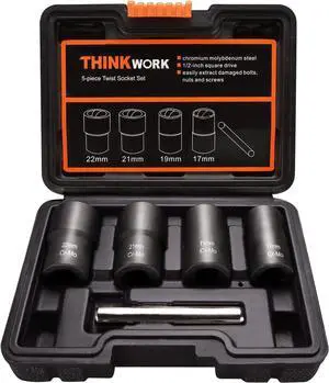 THINKWORK Lug Nut Remover, 5 Pieces Wheel Lock Removal Kit for Removing Stripped, Damaged, Frozen, Rusted, Rounded-Off Bolts, Nuts & Screws