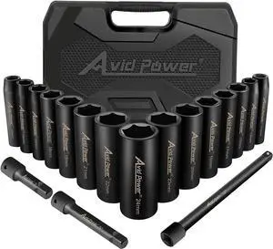 AVID POWER 18pcs 1/2-inch Drive Impact Socket Set, 10-24mm Metric Sizes Sockets and 3'' 5'' 10'' Extension Bar, 6 Point, Cr-V Steel Socket Set