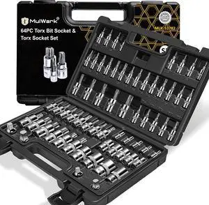 MulWark 64-Piece Master-Torx-Automotive-Mechanics-Tool | 3/8, 1/4, 1/2 in. Drive Torx Bit Socket and External Torx Socket Set w./ Impact Adapter and Reducer | S2 and Cr-V Steel