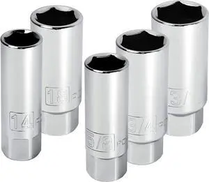 Powerbuilt 3/8-Inch Drive Spark Plug Socket Set, 6 Point, Deep Thin Wall, 5 Piece Metric and SAE - 640855, Grey