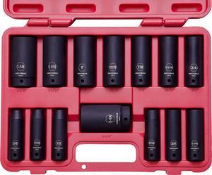 Impact Socket Set 1/2 Inch Drive Deep SAE Sizes 14 Piece, 3/8-1-1/4 Inch 6 Point Chrome Vanadium Steel Black Phosphate Finish with Tool Box Storage Case