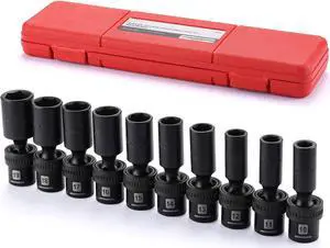 MIXPOWER 10-piece 3/8" Drive Deep Universal Impact Socket Set, 6 Point, Metric, 10-19 mm, Swivel Socket with Flexible Wobble, CR-MO Impact Grade MIXPOWER 10-piece 3/8" Drive Deep Universal Impact Socket Set, 6 Point, Metric, 10-19 mm, Swivel Socket with Flexible Wobble, CR-MO Impact Grade