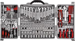 CARTMAN 205 Piece Tool Set Ratchet Wrench with Sockets Kit in Plastic Toolbox Red