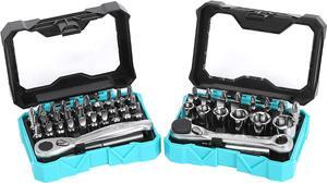 DURATECH 56-pieces 1/4" Mini Ratchet Wrench and Screwdriver Bit Set, 2 Set-in-1, 72-Tooth and 60-Tooth with Bit Socket Set, Storage Cases Included