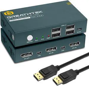 DisplayPort KVM Switch 2 Port 4K@60Hz, DP KVM with 4 USB 2.0 Port, Displayport KVM Switch for 2 PC Share 1 Monitor Keyboard and Mouse, Support Button Switch, with 2 DP Cables and 2 USB Cables