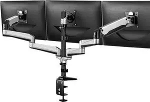 HUANUO Triple Monitor Stand - Full Motion Articulating Gas Spring Monitor Mount Fit Three 17 to 32 inch Flat/Curved LCD Computer Screens with Clamp, Grommet Kit, Silver