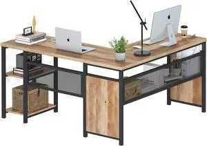 FATORRI L Shaped Computer Desk, Industrial Rustic Office Desk with Storage, Reversible Wood and Metal Corner Desk for Home Office (Rustic Oak, 59 Inch)
