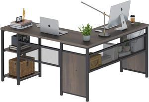 FATORRI L Shaped Computer Desk, Industrial Home Office Desk with Shelves, Reversible Wood and Metal Corner Desk (Walnut Brown, 59 Inch)