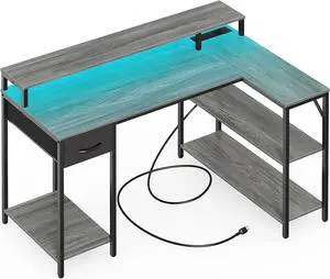 SUPERJARE L Shaped Gaming Desk with LED Lights & Power Outlets, Reversible Computer Desk with Shelves & Drawer, Corner Desk Home Office Desk, Gray