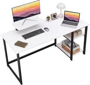 GreenForest Computer Desk with Monitor Stand,47 inch Home Office Desk with Reversible Storage Shelves,Modern Writing Desk Study PC Laptop Work Table,White