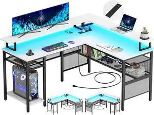 Unikito L Shaped Computer Desk with LED Strip and Power Outlets, Reversible Corner Desk with Monitor Stand and Storage Shelf, Modern Gaming Home Office Table with USB Ports, White