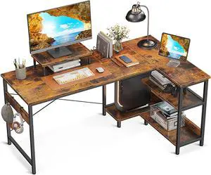 ODK Small L Shaped Computer Desk with Reversible Storage Shelves, 58 Inch L-Shaped Corner Desk with Monitor Stand for Small Space, Modern Simple Writing Study Table for Home Office, Rustic Brown