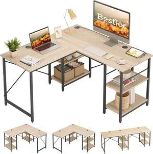 Bestier L Shaped Desk with Shelves 86.6 Inch Reversible Corner Computer Desk or 2 Person Long Table for Home Office Large Gaming Writing Storage Workstation P2 Board with 3 Cable Holes, Oak
