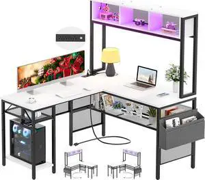 Unikito L Shaped Computer Desk with LED Strip and Power Outlets, Storage Shelves and Bag, Industrial Reversible Gaming Table Writing Corner Desk for Home Office Workstation, White