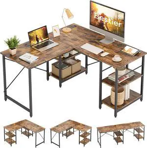 Bestier L Shaped Desk with Shelves 86.6 Inch Reversible Corner Computer Desk or 2 Person Long Table for Home Office Large Gaming Writing Storage Workstation P2 Board with 3 Cable Holes, Rustic Brown