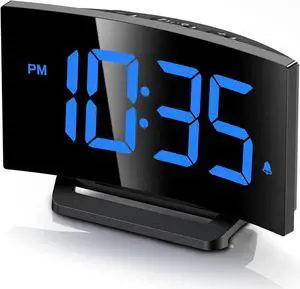 GOLOZA Digital Alarm Clock for Bedrooms, Digital Clock with Modern Curved Design, Conspicuous Blue LED Numbers, 5 Levels Brightness+Off, 2 Volume, 3 Alarm Tones, Snooze, Power-Off Memory, 12/24H