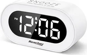 REACHER Small LED Digital Alarm Clock with Snooze, Simple to Operate, Full Range Brightness Dimmer, Adjustable Alarm Volume, Outlet Powered Compact Clock for Bedrooms, Bedside, Desk, Shelf(White)