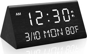 Wooden Digital Alarm Clock, 0-100% Dimmer, 2 Alarm Settings, Weekday/Everyday Mode, 9 Mins Snooze, 12/24H, Temperature and Date Display for Office, Travel, Bedroom Alarm Clock (Black)