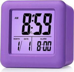 Plumeet Digital Alarm Clock Kids with Snooze and Nightlight - Easy Setting Silicone Clock Display Time, Date - Loud Alarm Clock for Bedroom - Battery Powered (Purple)