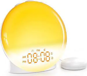 Sunrise Alarm Clock, Wake Up Light with Bed Shaker, FM Clock Radio with Sunrise Simulation, Dual Alarms, Snooze, 12 Color Atmosphere Lamp, 12 Natural Sounds for Heavy Sleepers Adults Kids Bedrooms