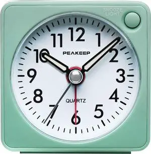 Peakeep Ultra Small, Battery Travel Alarm Clock with Snooze and Light, Silent with No Ticking Analog Quartz (Aquamarine)