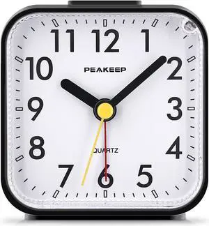 Peakeep Small Battery Operated Analog Travel Alarm Clock Silent No Ticking, Lighted on Demand and Snooze, Beep Sounds, Gentle Wake, Ascending Alarm, Easy Set (Black)