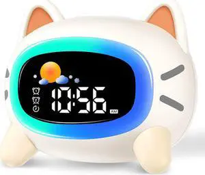 Monebena Kids Alarm Clock Cute OK to Wake Alarm Clock for Kids Sleep Training Clock with Night Light and Sleep Sound Machine for Toddlers Boys Girls Teens Bedrooms (Cat)
