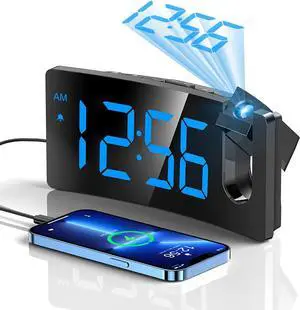 Projection Alarm Clock, Digital Clock with 180° Rotatable Projector, 3-Level Brightness Dimmer, Clear LED Display, USB Charger, Progressive Volume, 9mins Snooze,12/24H, Digital Alarm Clock for Bedroom