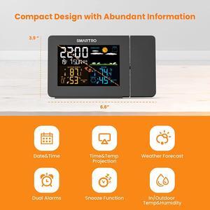 SMARTRO SC91 Projection Alarm Clock for Bedrooms with Weather Station, Wireless Indoor Outdoor Thermometer, Temperature Humidity Monitor Gauge Hygrometer