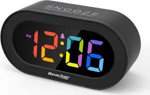 REACHER Small Digital Rainbow LED Alarm Clock with Snooze, Easy to Use, Full Range Brightness Dimmer, Adjustable Alarm Volume, Outlet Powered, Compact Clock for Bedroom, Bedside, Desk, Shelf