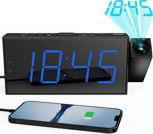 Digital Projection Alarm Clock for Bedroom, Large LED Alarm Clock with 350° Projector on Ceiling Wall, Projection Dimmer, USB Charger, Battery Backup Loud Dual Alarm Clock for Kids Elderly