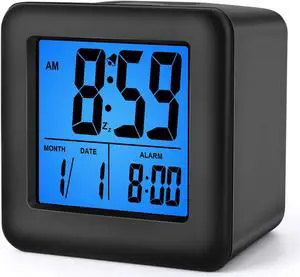 Plumeet Digital Alarm Clock Kids Alarm Clock with Snooze and Nightlight - Easy Setting Silicone Clock Display Time, Date - Loud Alarm Clock for Bedroom - Battery Powered (Black)