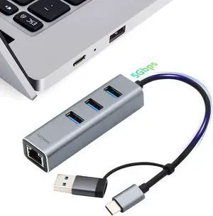 USB C to Ethernet Adapter YICORPS 3 Port USB 3.0 Expander Hub to RJ45 LAN with Gigabit Ethernet LAN Adapter for MacBook/Windows 10/8.1/Surface Pro/Chromebook/Linux and More Laptop