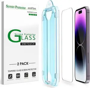 amFilm OneTouch Glass Screen Protector Compatible for iPhone 14 Pro 6.1 Inch 2022, Easiest Installation, Dynamic Island Compatible, Bubble Free and Full Coverage Case Friendly, Tempered Glass, 2 Pack