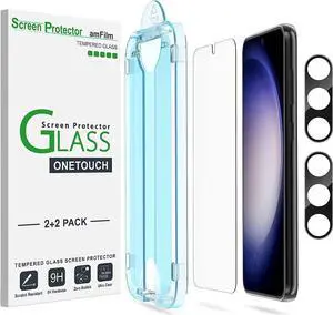 amFilm 2+2 Pack OneTouch Compatible with Samsung Galaxy S23 5G 6.1 Inch Tempered Glass Screen Protector, 9H Hardness with Tempered Glass Camera Lens Protector, Easiest to Installation and Bubble Free