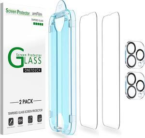 amFilm Screen Protector OneTouch Compatible with iPhone 13 Pro Max (6.7", 2021) and Camera Lens Protector, Edge to Edge Full Coverage with Easy Installation Kit, Tempered Glass, 2+2 Pack