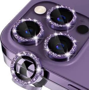 Misea [3+1] for iPhone 14 Pro/iPhone 14 Pro Max Camera Lens Protector Bling, 9H Tempered Glass Camera Cover Screen Protector Metal Individual Ring Protector Decoration Accessories, Purple Glitter