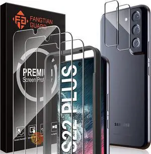 [3+2 Pack] Screen Protector for Samsung Galaxy S22 Plus/S22+Plus 5G, Tempered Glass Galaxy S22 Plus Screen Protector + 2 Pack Camera Lens Protector -[Fingerprint Unlock][Easy Installation Frame]