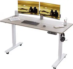 Jceet Electric Standing Desk Height Adjustable, 48 x 24 Inch Sit Stand Computer Desk with Lockable Casters, Stand Up Desk Table for Home Office, White Frame/White + Oak Top
