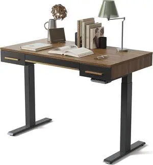 FEZIBO Mid Century Modern Electric Standing Desk with 3 Drawers, 48 x 26 Inches Whole Piece Sit Stand Up Home Office Desk, Black Walnut Top with Black Frame (2 Packages)