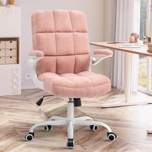 Pink Office Chair Home Office Desk Chairs with Flip-up Armrest, Rolling Desk Chair with Wheels, Faux Fur Computer Chairs Adjustable Backward Tilt