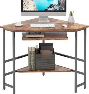 soges Corner Desk for Small Space Computer Desk with Storage Shelf and Keyboard Tray Triangle Vanity Desk with Sturdy Metal Frame Compact Home Office Table Rustic Brown