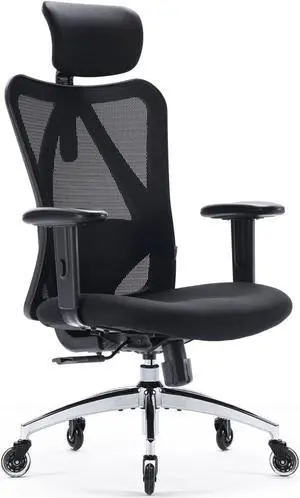 XUER Ergonomic Office Chair, Mesh Computer Desk Chair with Adjustable Sponge Lumbar Support, Thick Cushion, PU Armrest and Headrest, High Back Swivel Home Office Task Chair for Work (Black)