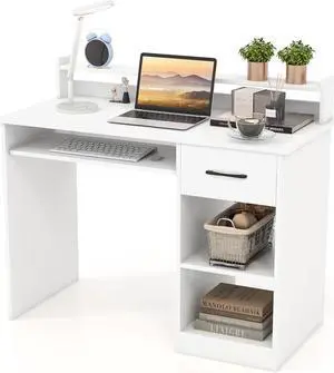 Computer Desk, Office Desk with Drawers, Hutch, Keyboard Tray & Adjustable Shelf, Small Desk with Storage, Modern Home Office Desks, White Desk for Bedroom, Living Room, Study (White)